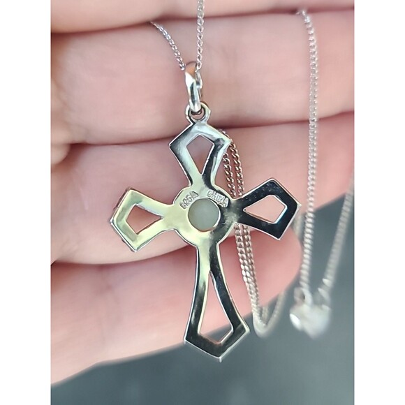 925 Sterling Silver Amazonite Marcasite Cross Pendant Necklace Vintage - Picture 4 of 10